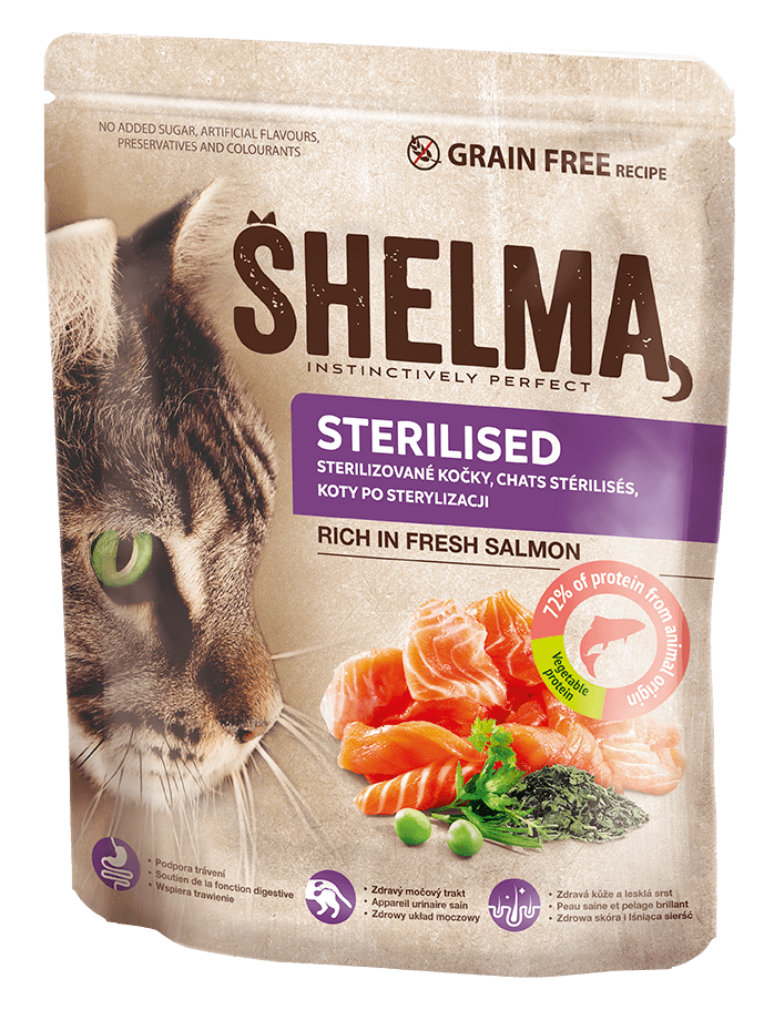 SHELMA Bezobilné granule STERILE s čerstvým lososom pre dospelé mačky 1,4 kg